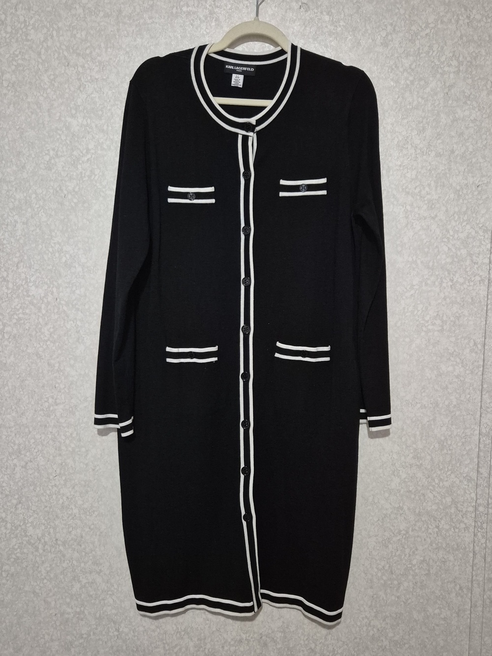 Karl Lagerfeld Black Long Sleeve Button-Front Dress-Cardigan- with White Trim-L